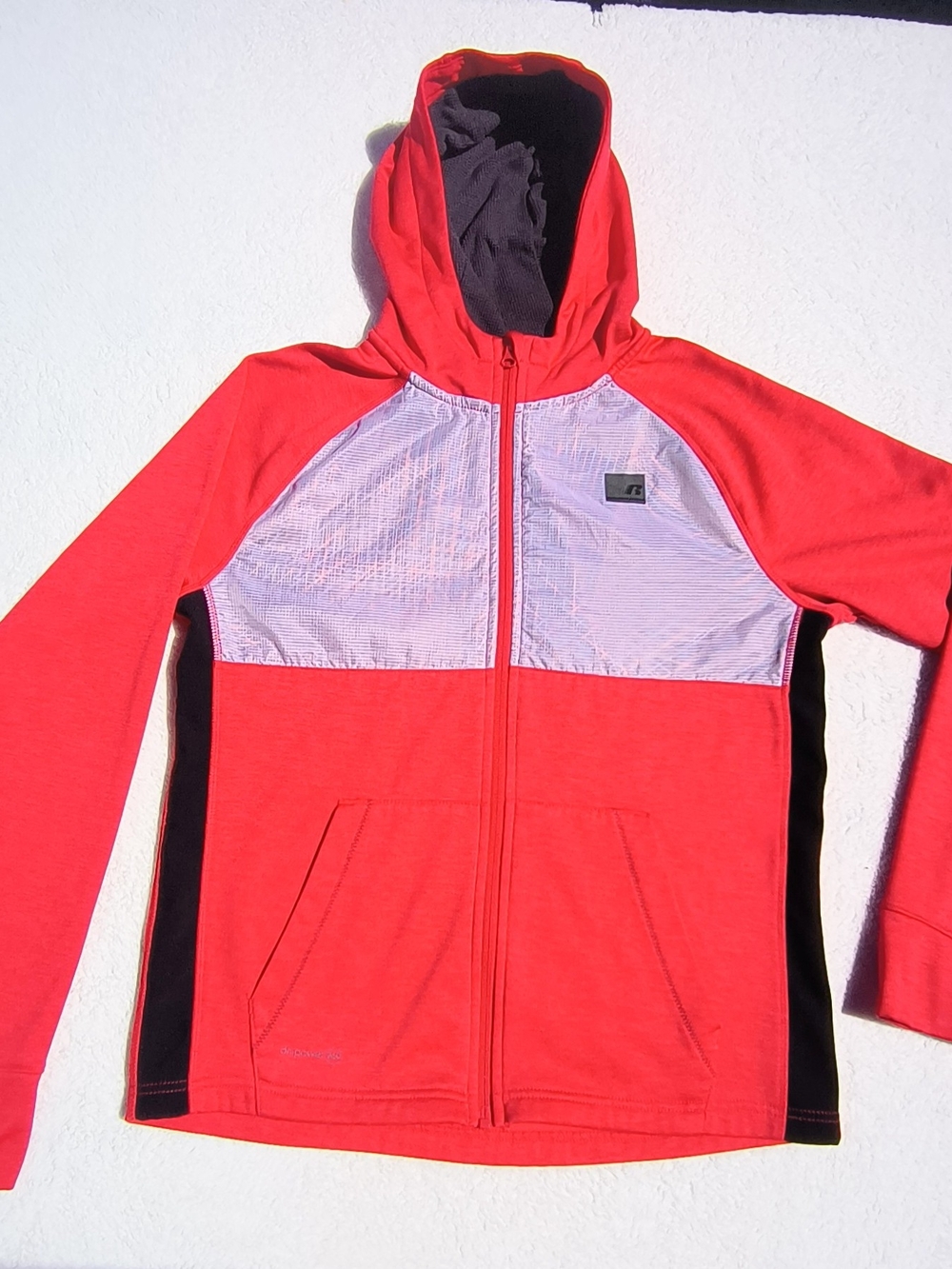 Russell Athletic Kids Red Hooded Zip-Up with Light Paneling.   HJ 31